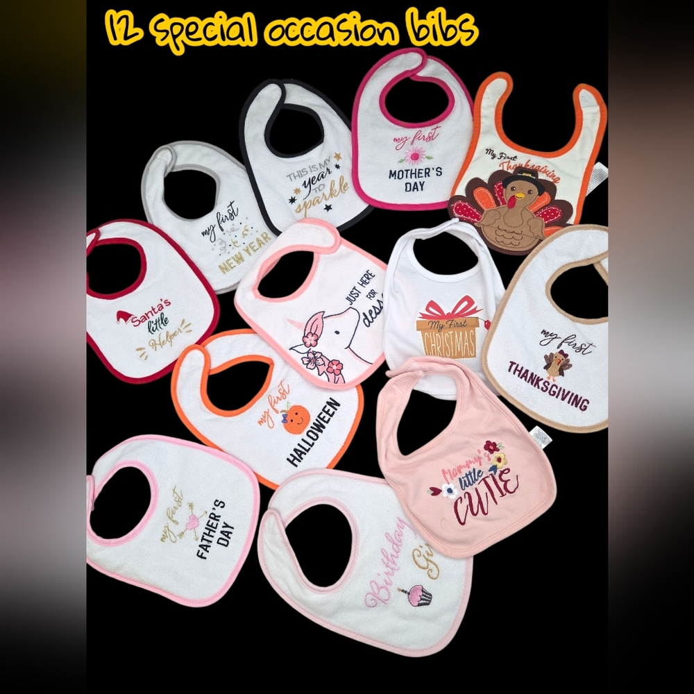 *0649 lot of 12 special occasions bibs never used Christmas new year b-day...